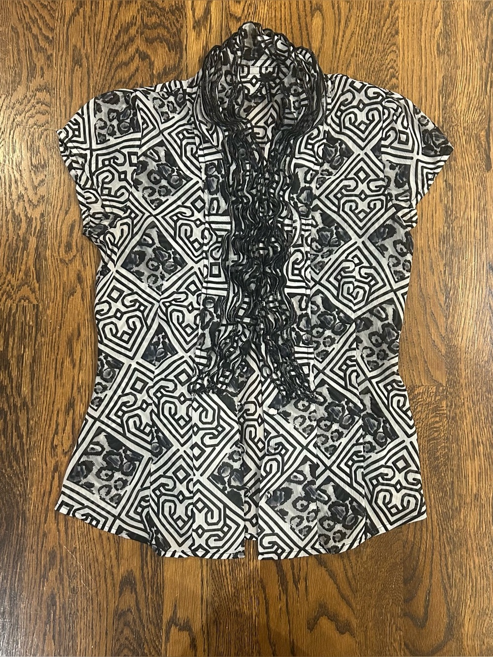 Vintage Lapis Geometric Ruffle Blouse Black White Office Siren